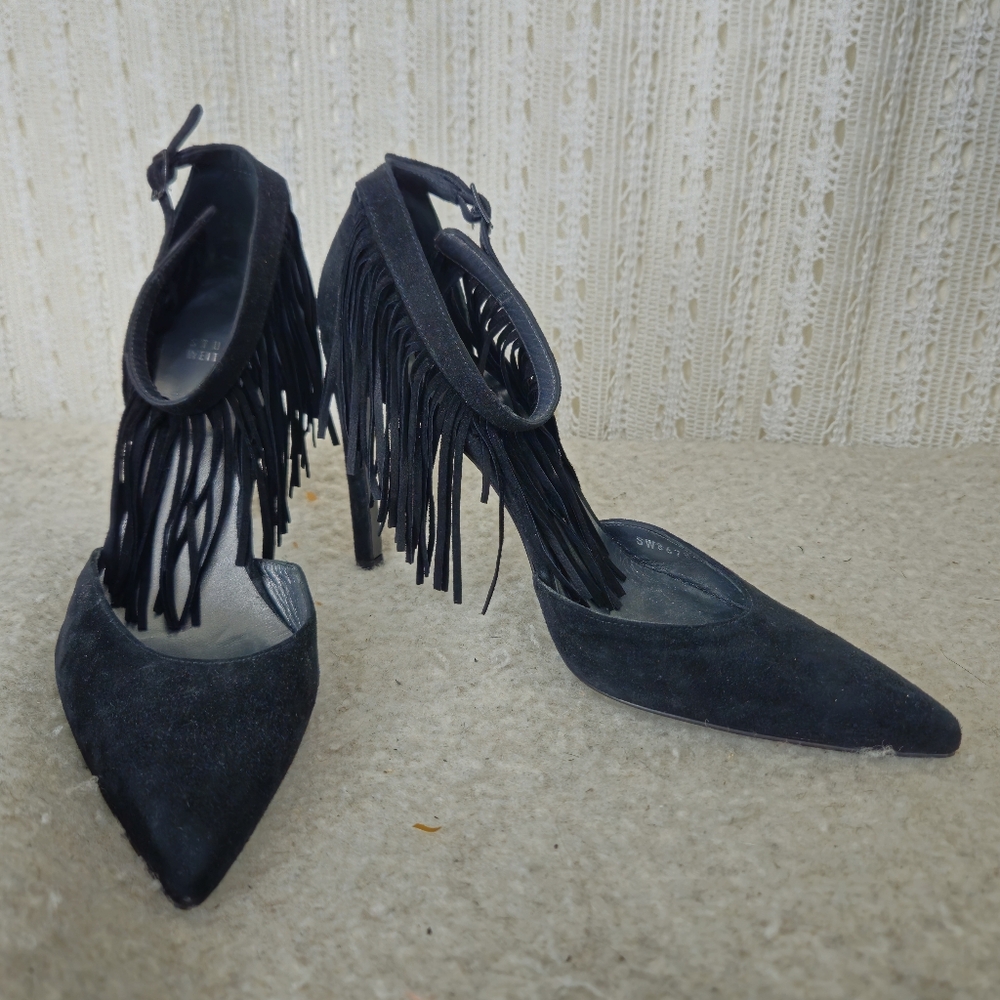 Stuart Weitzman Black Suede Fringelica Ankle Strap Heels Size 8